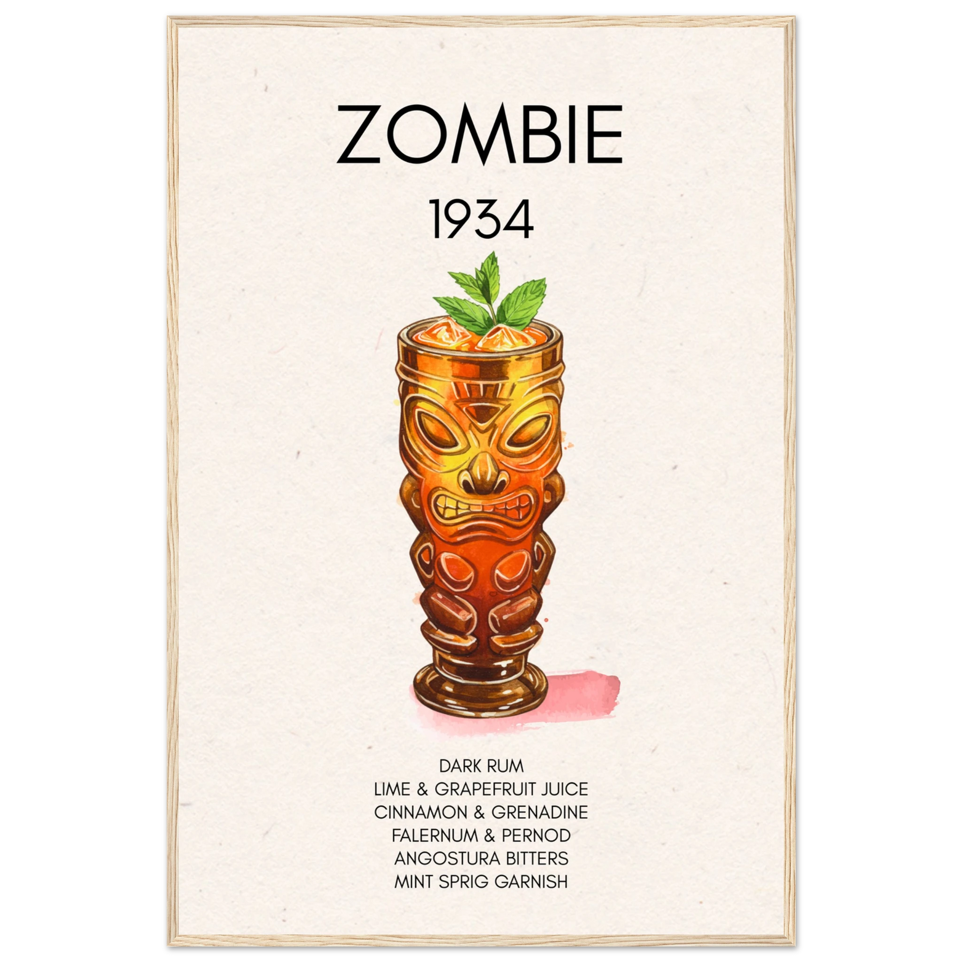 Zombie Tiki Cocktail Bar Art Print Light Wood Frame 60x90 cm 24x36″ Classic Matte Paper Wooden Framed Poster