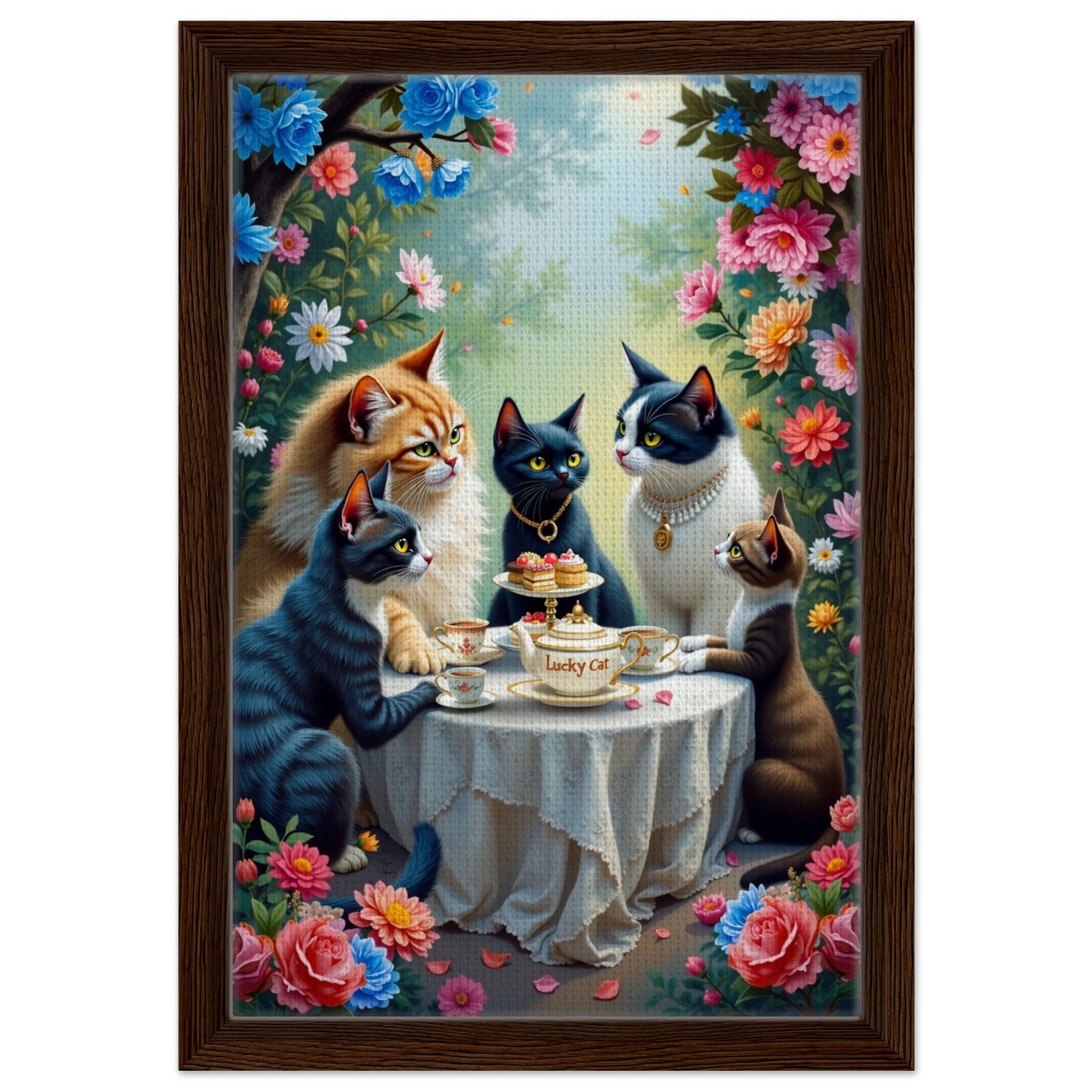 Lucky Cat Garden Tea Party Kitchen Art Print Dark Brown Wood Frame 30x45 cm 12x18″ Framed Canvas