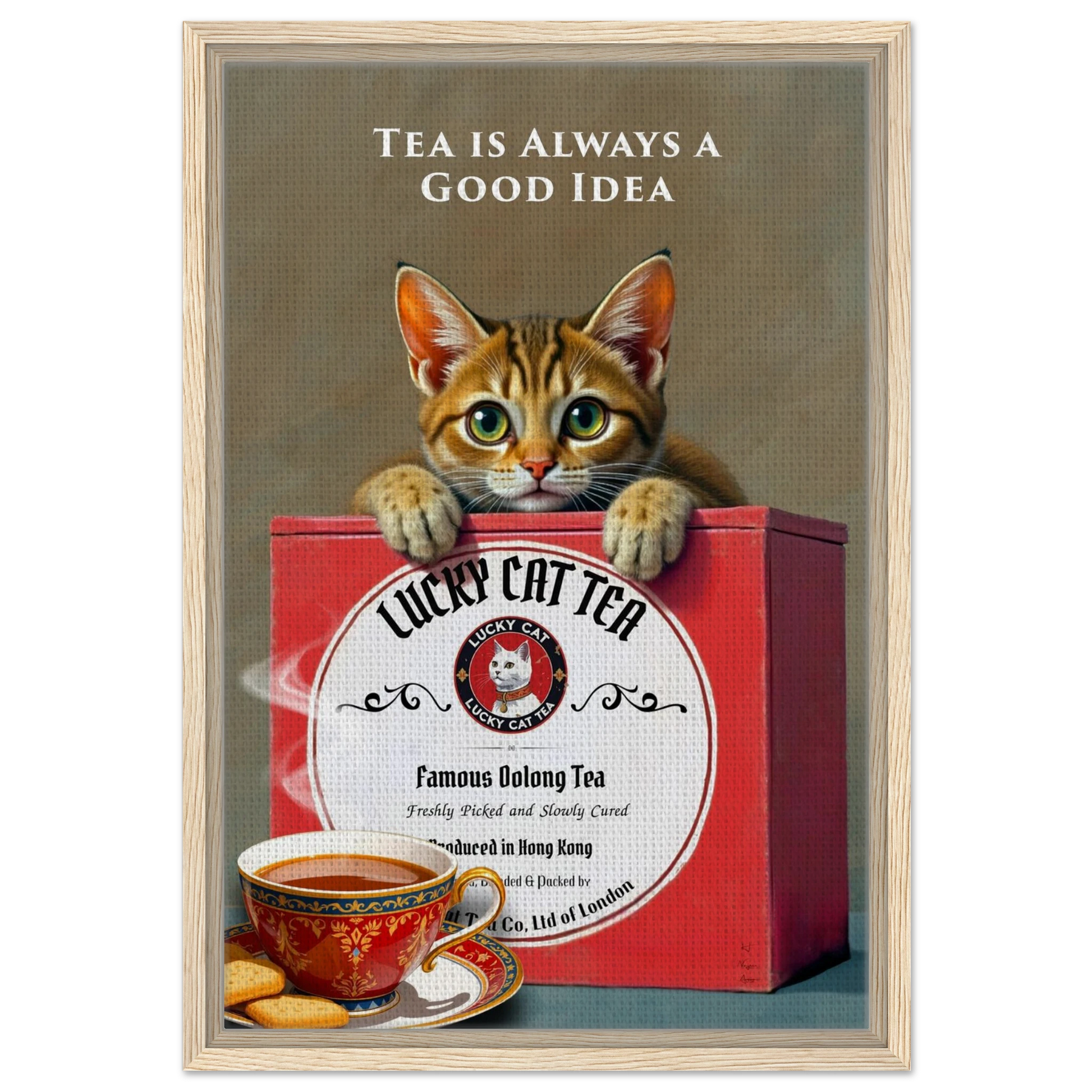 Tabby Lucky Cat Tea Vintage Kitchen Art Print Light Wood Frame 40x60 cm 16x24″ Framed Canvas