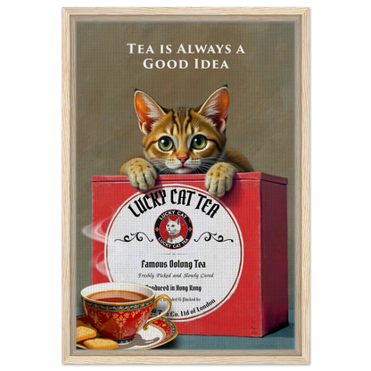 Tabby Lucky Cat Tea Vintage Kitchen Art Print Light Wood Frame 40x60 cm 16x24″ Framed Canvas