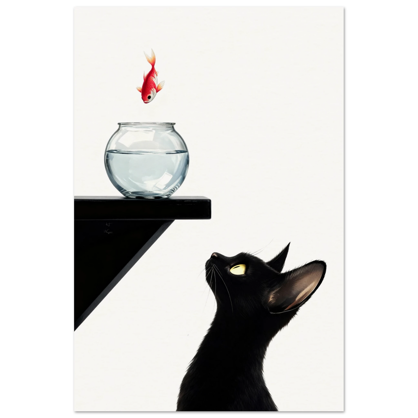 Curious Black Cat Goldfish Minimalist Art Print 60x90 cm 24x36″ Museum-Quality Matte Poster