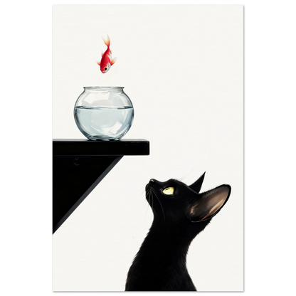Curious Black Cat Goldfish Minimalist Art Print 60x90 cm 24x36″ Museum-Quality Matte Poster