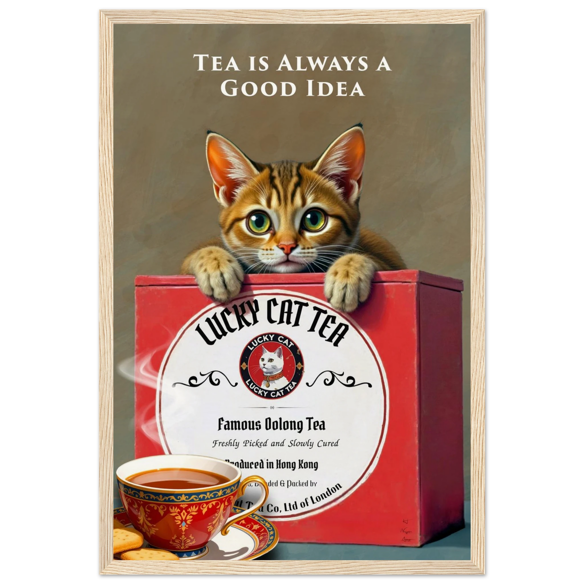 Tabby Lucky Cat Tea Vintage Kitchen Art Print Light Wood Frame 30x45 cm 12x18″ Museum-Quality Matte Paper Wooden Framed Poster