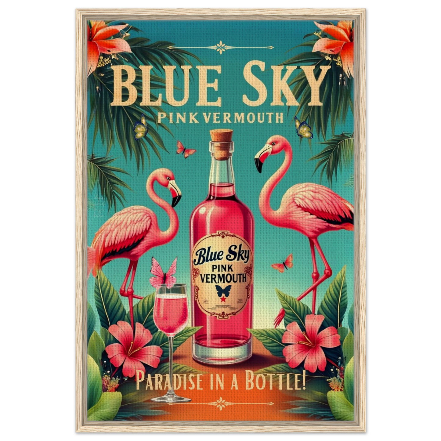 Vintage Pink Flamingo Tiki Bar Art Print 60x90 cm 24x36″ Framed Canvas Light Wood Frame