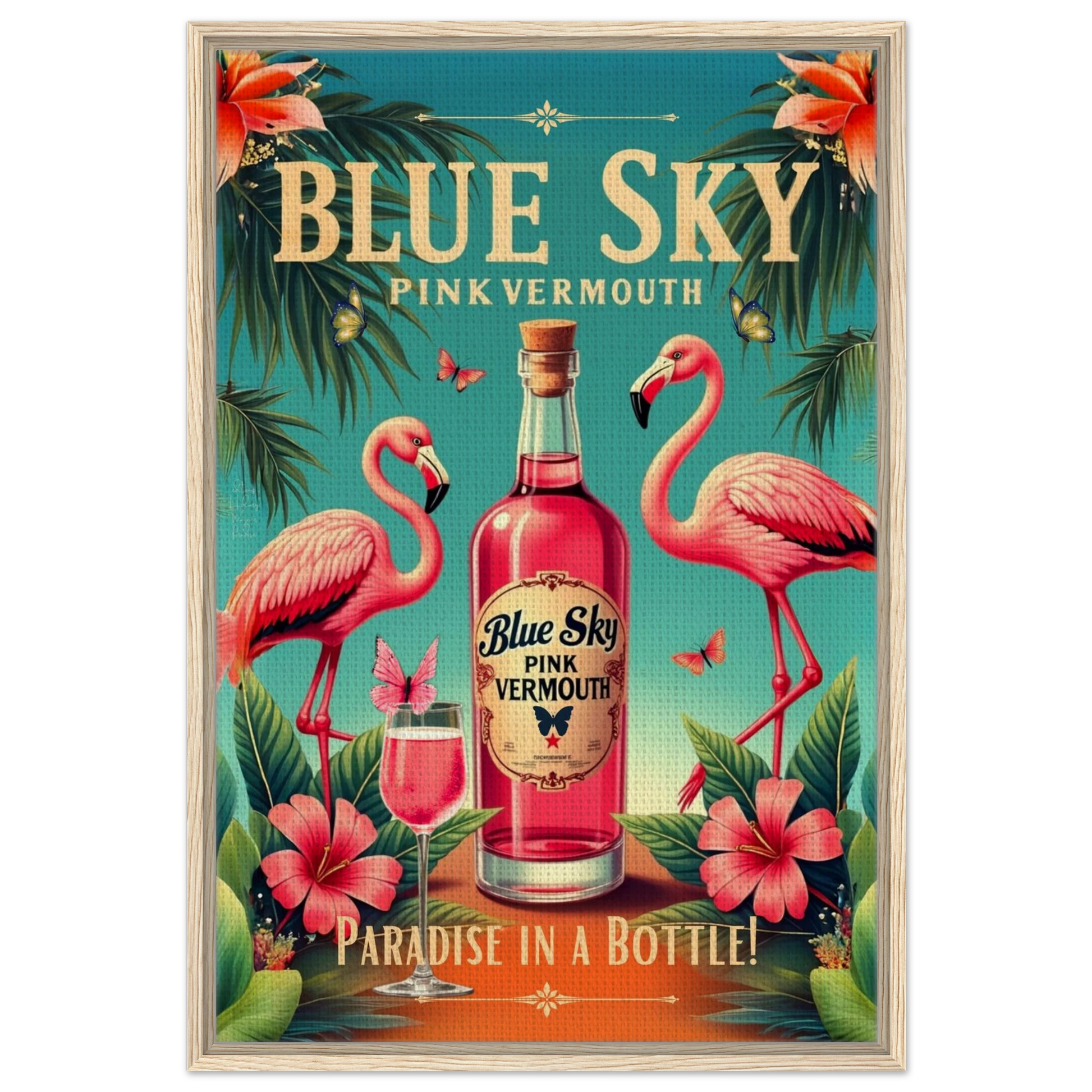 Vintage Pink Flamingo Tiki Bar Art Print 60x90 cm 24x36″ Framed Canvas Light Wood Frame