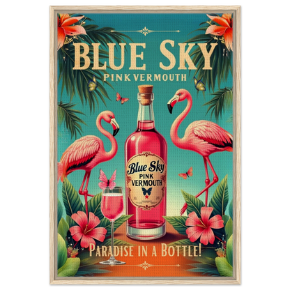 Vintage Pink Flamingo Tiki Bar Art Print 60x90 cm 24x36″ Framed Canvas Light Wood Frame