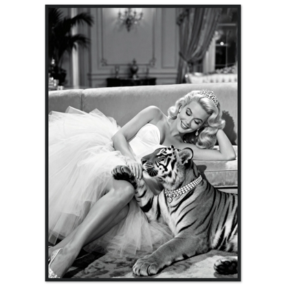 Vintage Hollywood Starlet Tiger Art Print 70x100 cm 28x40″ Premium Matte Framed Poster - Black Wood