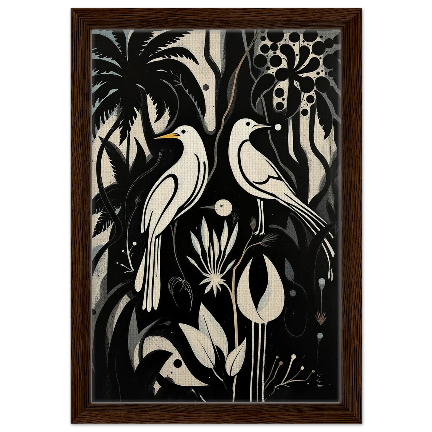Black & White Minimalist Bird Art Print Dark Brown Wood Frame 30x45 cm 12x18″ Framed Canvas