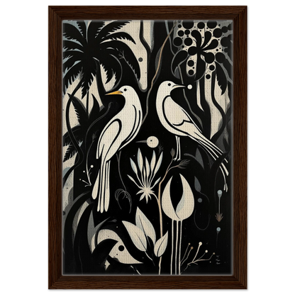 Black & White Minimalist Bird Art Print Dark Brown Wood Frame 30x45 cm 12x18″ Framed Canvas