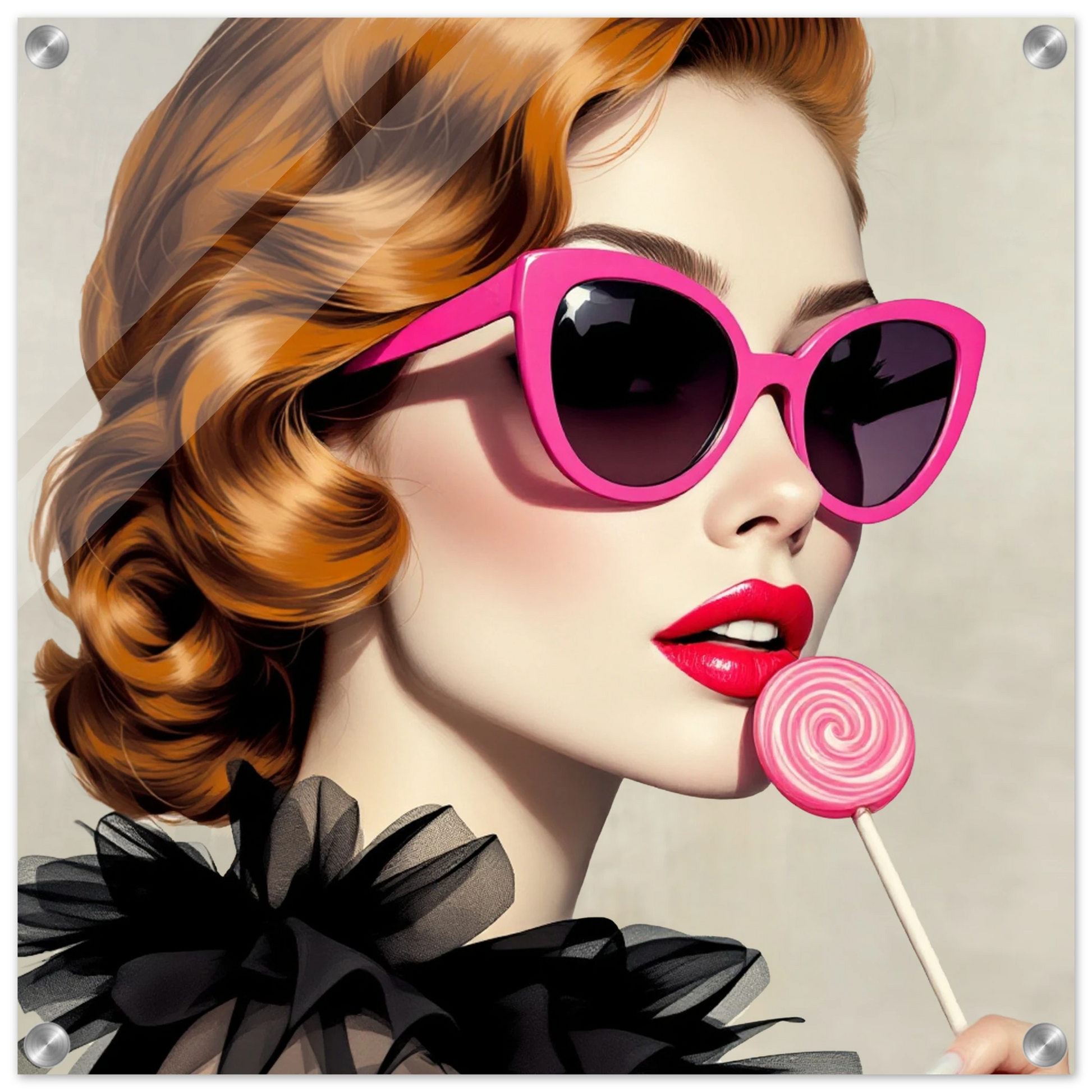 Retro Glam Fashion Model Lollipop Art Print Sleek Acrylic Print 50x50 cm 20x20″