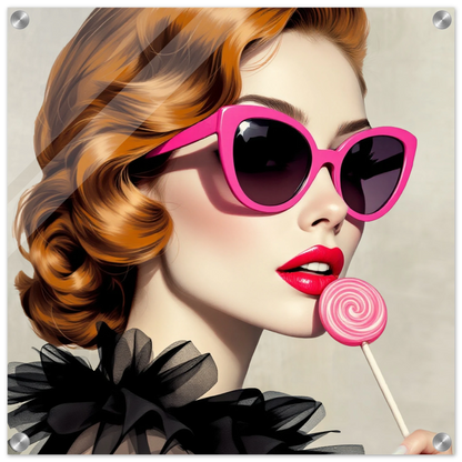 Retro Glam Fashion Model Lollipop Art Print Sleek Acrylic Print 50x50 cm 20x20″