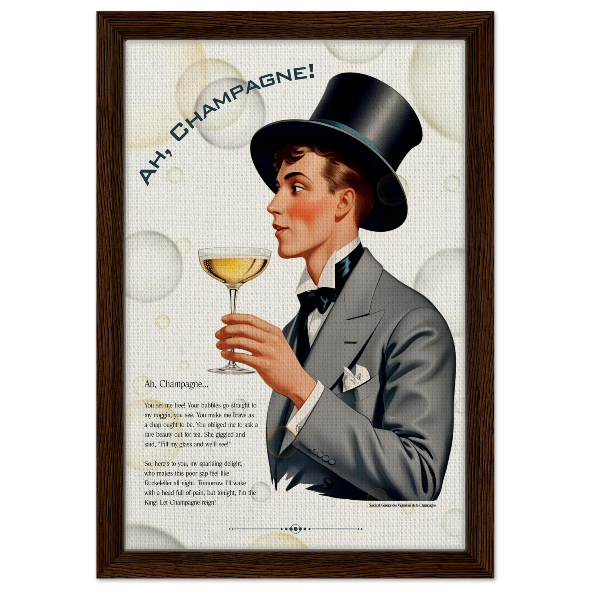 Art Deco Champagne Funny Poem Art Print 30x45 cm 12x18″ Framed Canvas Dark wood frame