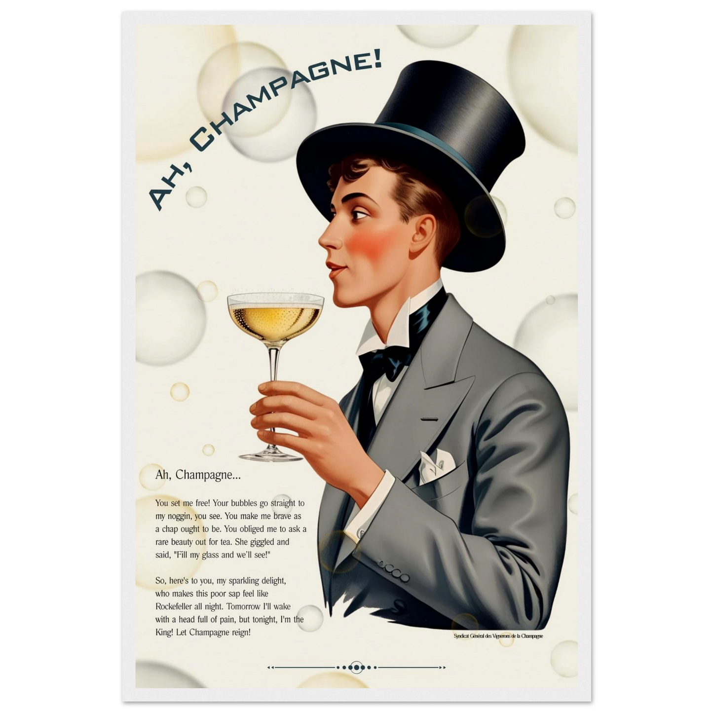 Art Deco Champagne Funny Poem Art Print 40x60 cm 16x24″ Museum-Quality Matte Paper Wooden Framed Poster White Wood Frame