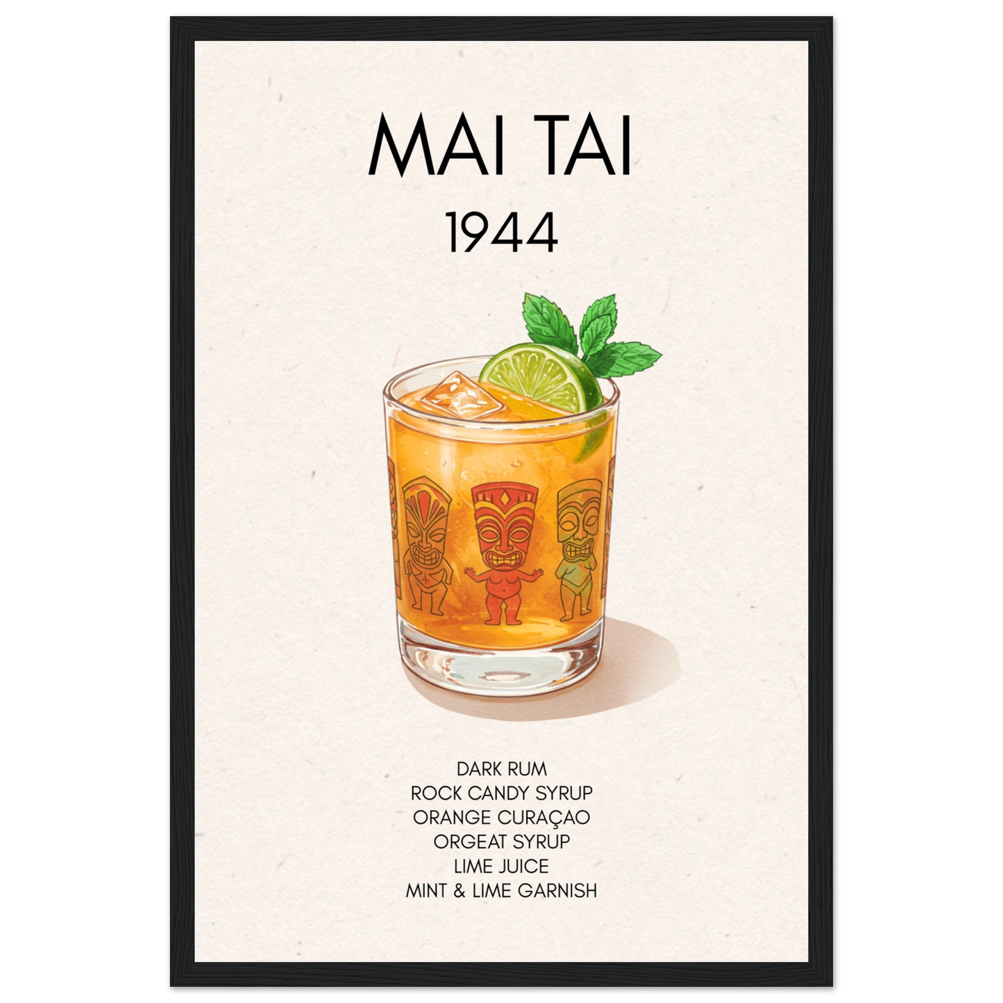 Mai Tai Tropical Cocktail Bar Poster Print Black Wood Frame 30x45 cm 12x18″ Premium Matte Paper Wooden Framed Poster