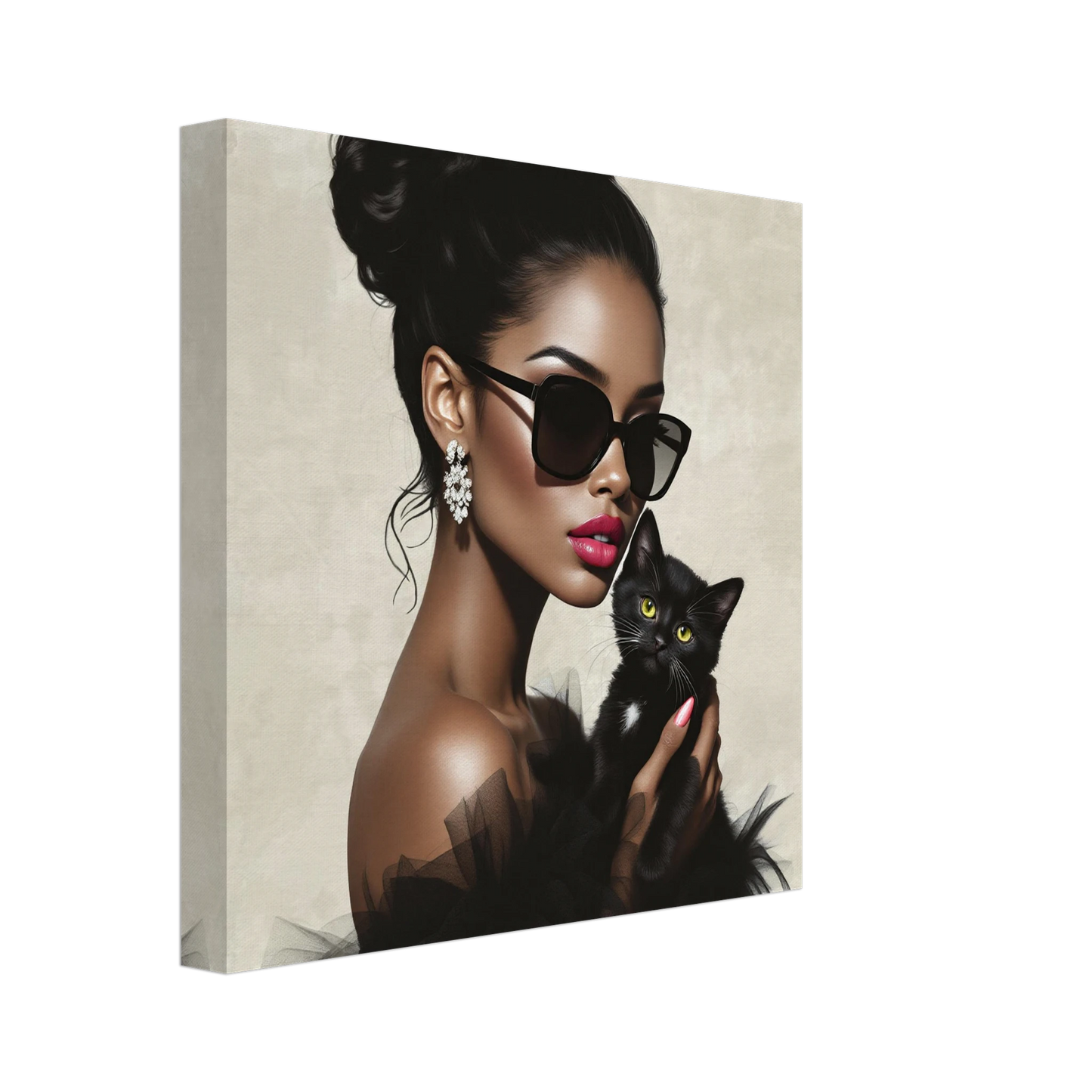 Retro Glam Fashion Model Kitten Art Print Gallery Wrapped Canvas 30x30 cm 12x12″