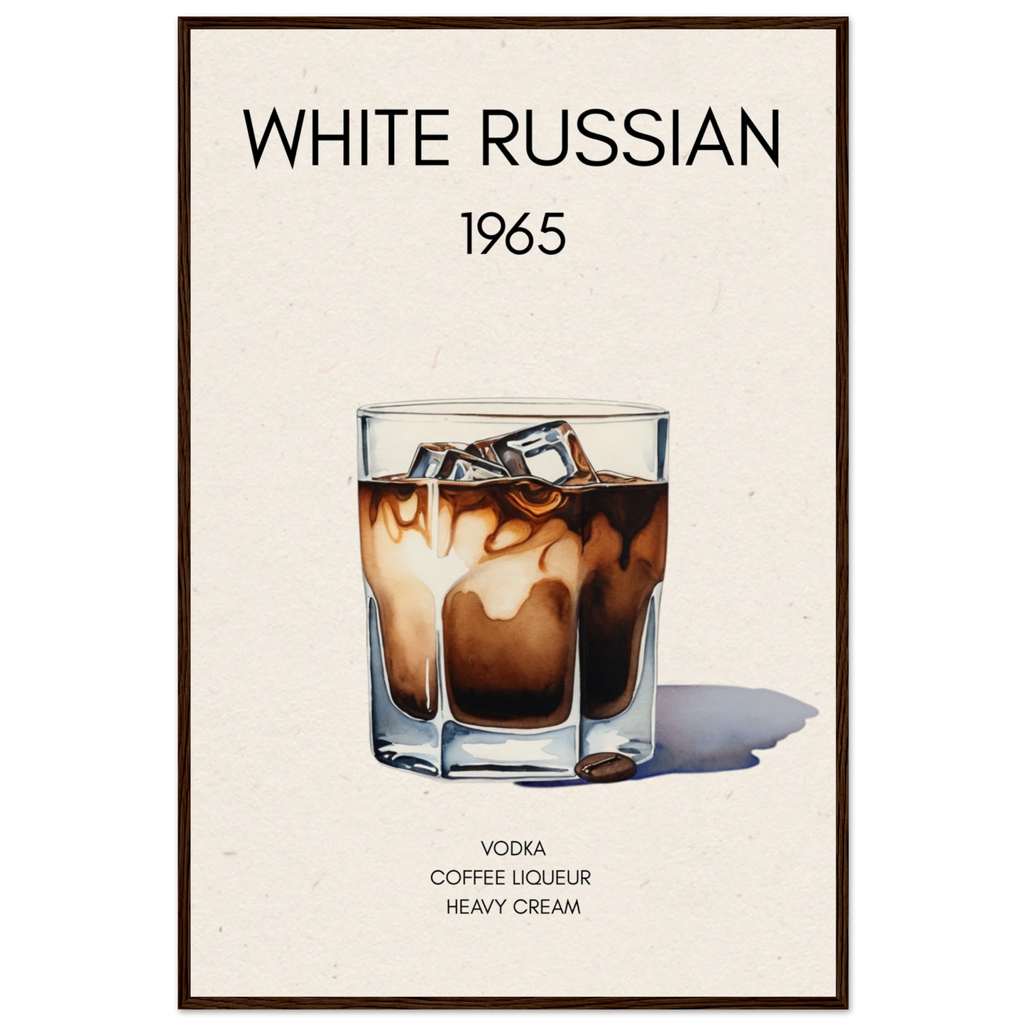 White Russian Cocktail Bar Art Poster Print Dark Brown Wood Frame 60x90 cm 24x36″ Museum-Quality Matte Paper Wooden Framed Poster