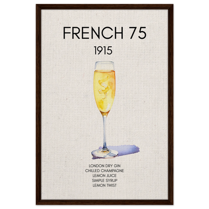 French 75 Cocktail Art Print Dark Brown Wood Frame 60x90 cm 24x36″ Framed Canvas