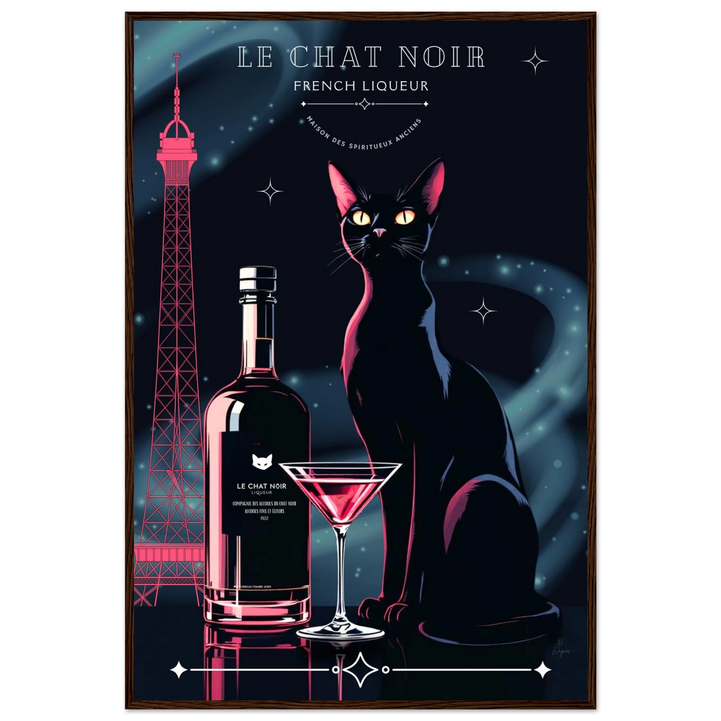 Art Deco Le Chat Noir French Black Cat Art Print 60x90 cm 24x36″ Classic Matte Paper Wooden Framed Poster Dark wood frame