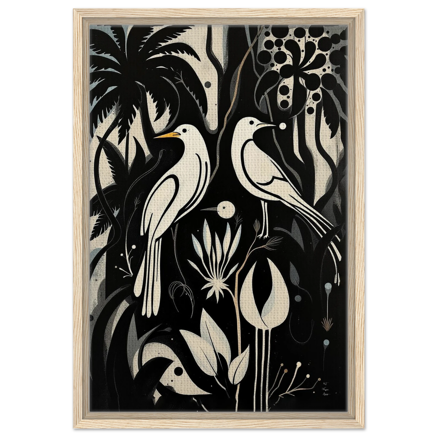 Black & White Minimalist Bird Art Print Light Wood Frame 40x60 cm 16x24″ Framed Canvas