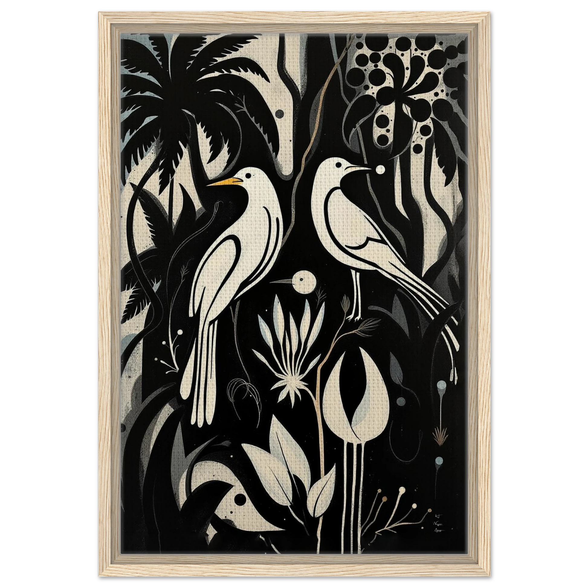 Black & White Minimalist Bird Art Print Light Wood Frame 40x60 cm 16x24″ Framed Canvas