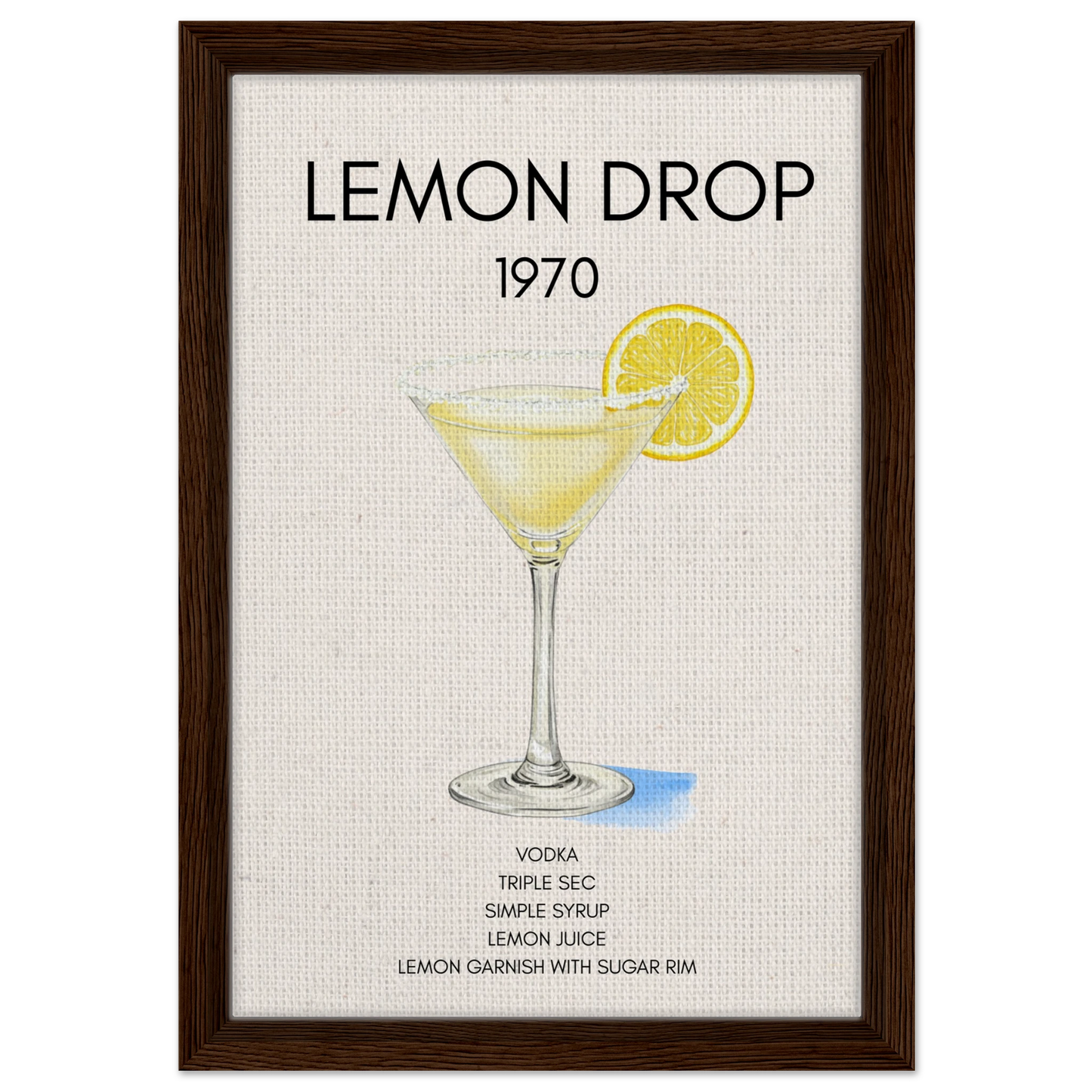 Lemon Drop Martini Cocktail Bar Poster Print Dark Brown Wood Frame 30x45 cm 12x18″ Framed Canvas