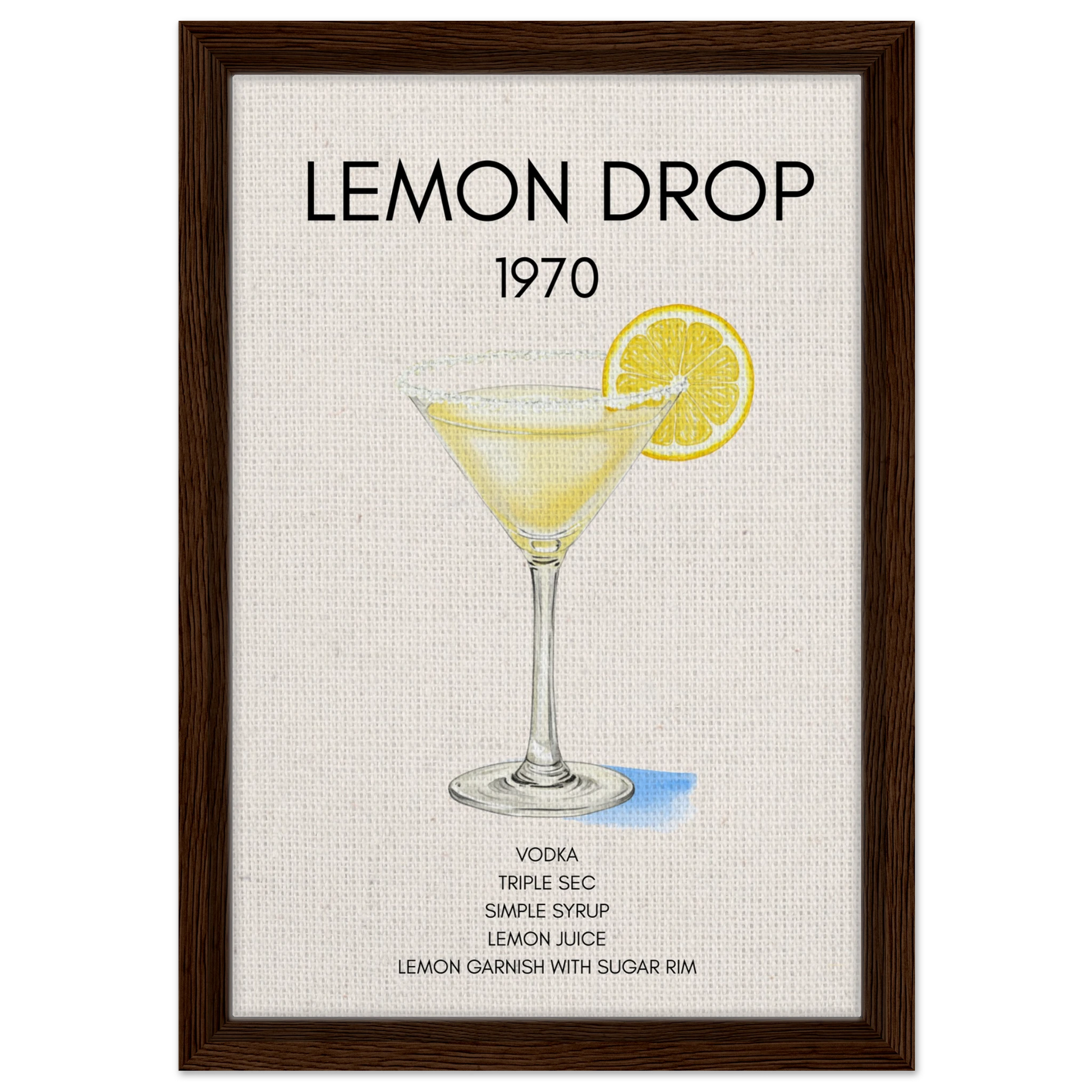 Lemon Drop Martini Cocktail Bar Art Print Dark Brown Wood Frame 30x45 cm 12x18″ Framed Canvas