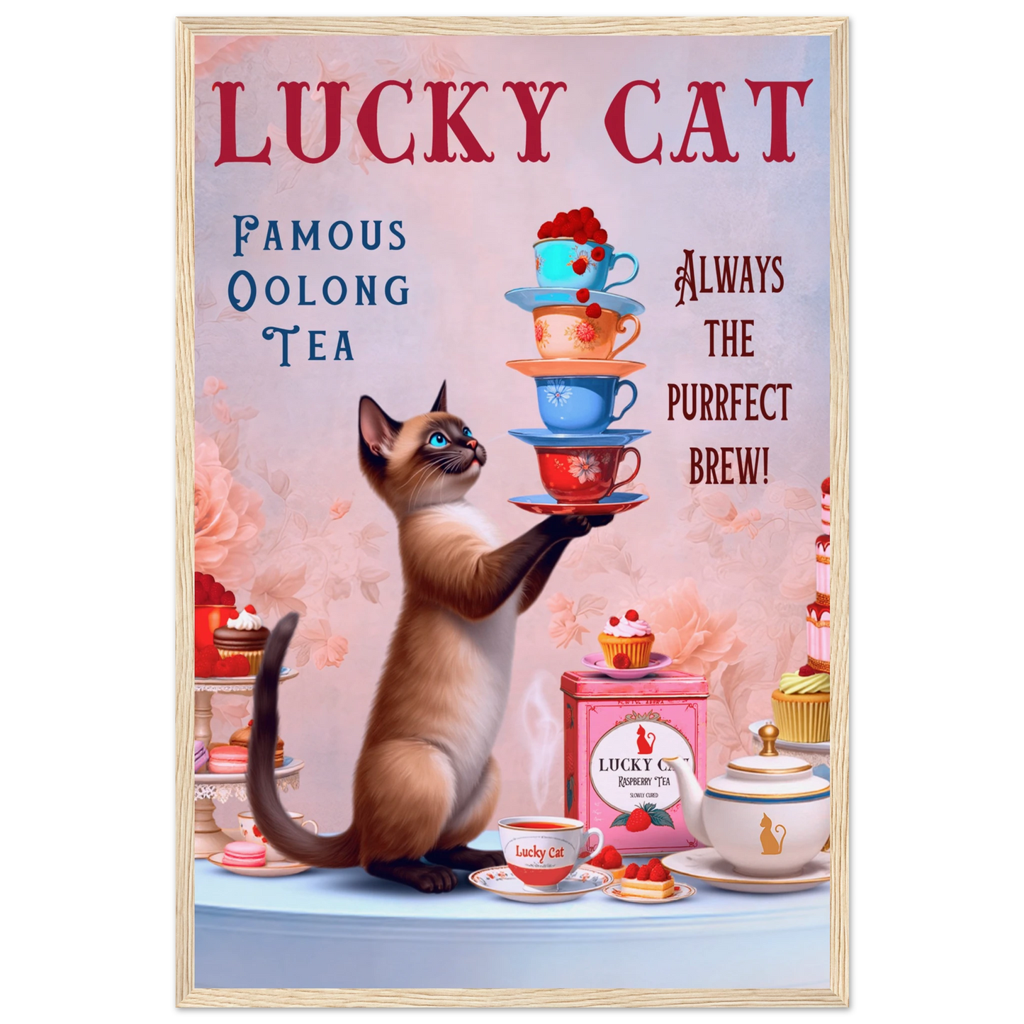 Siamese Lucky Cat Vintage Tea Art Print 40x60 cm 16x24″ Museum-Quality Matte Paper Wooden Framed Poster Light Wood Frame