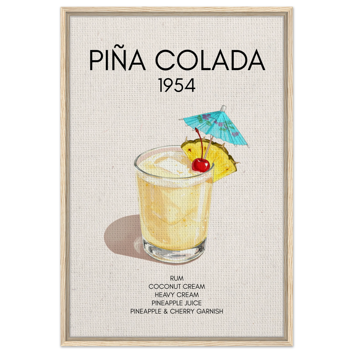 Pina Colada Cocktail Bar Poster Print Light Wood Frame 60x90 cm 24x36″ Framed Canvas
