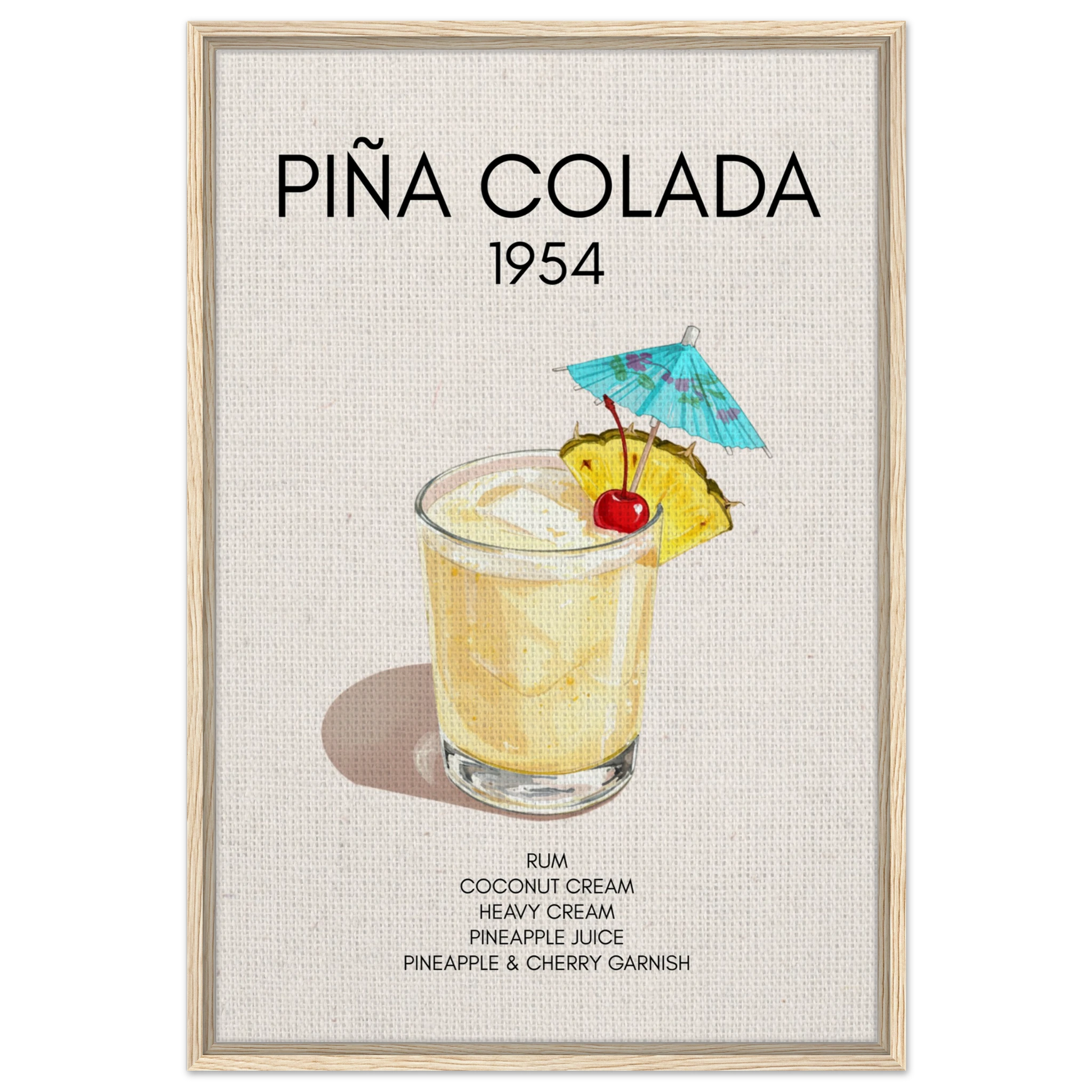Pina Colada Cocktail Bar Poster Print Light Wood Frame 60x90 cm 24x36″ Framed Canvas