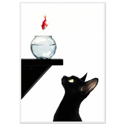 Curious Black Cat Goldfish Minimalist Art Print 30x45 cm 12x18″ Museum-Quality Matte Poster