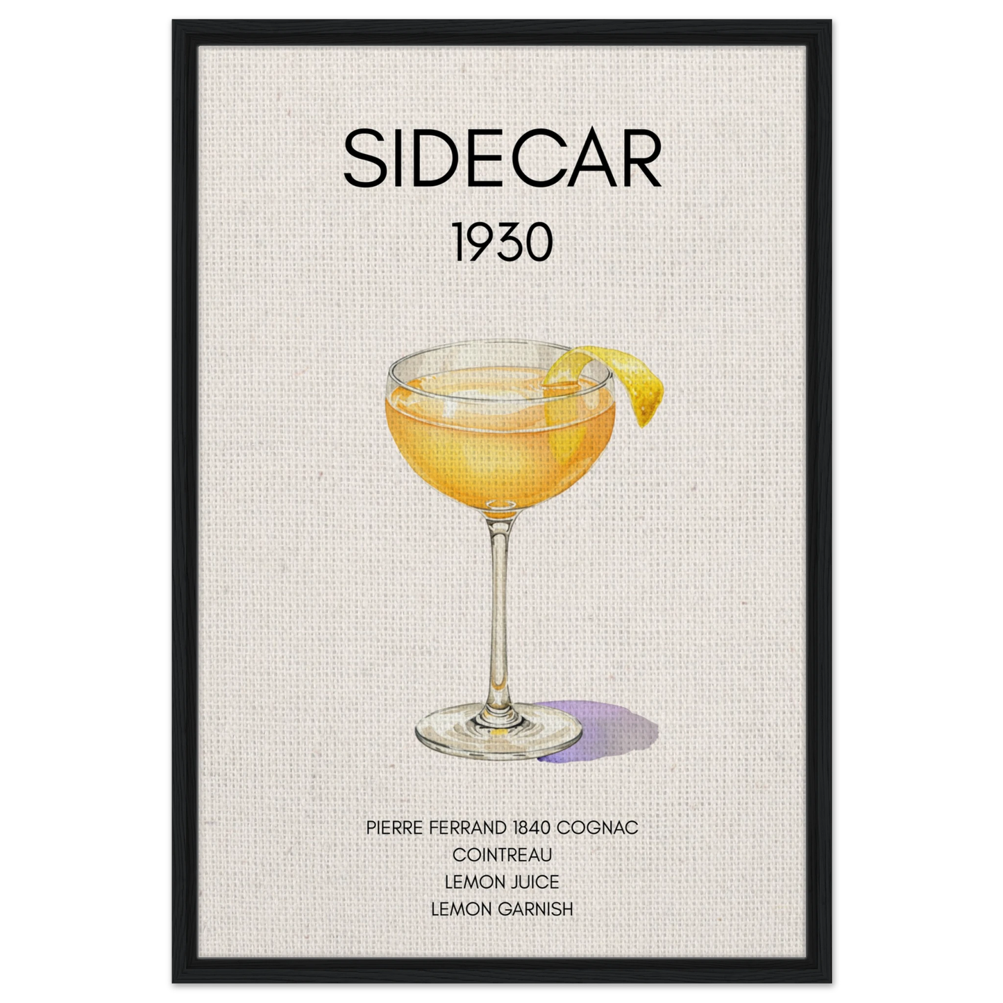 Sidecar Cocktail Bar Poster Print Black Wood Frame 60x90 cm 24x36″ Framed Canvas