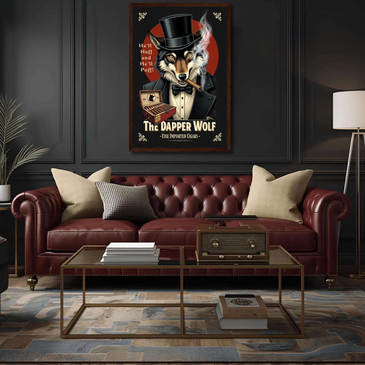 Smoking Wolf Retro Cigar Art Print 30x45 cm 12x18″ Museum-Quality Matte Paper Wooden Framed Poster Black Wood frame