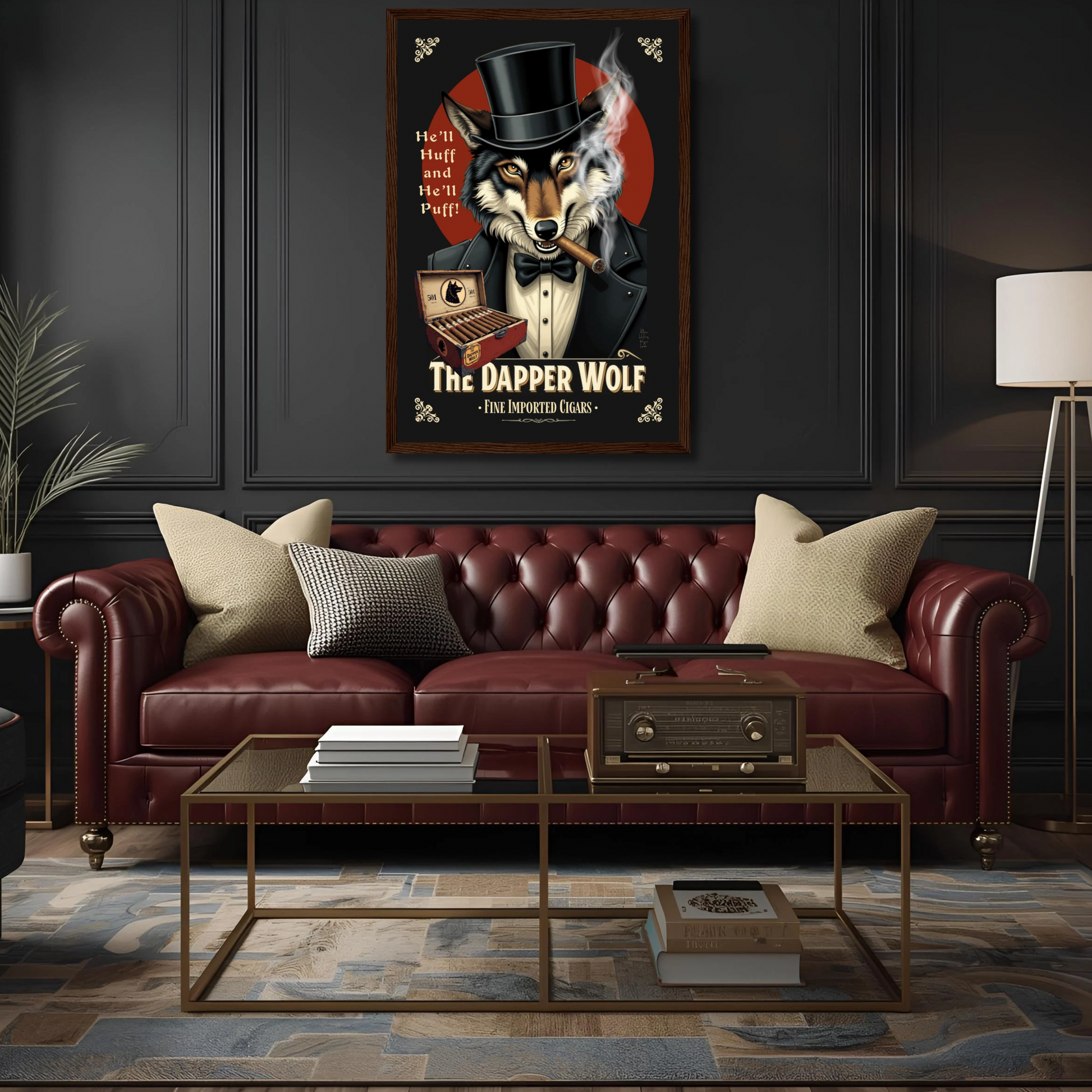 Smoking Wolf Retro Cigar Art Print 30x45 cm 12x18″ Museum-Quality Matte Paper Wooden Framed Poster Black Wood frame