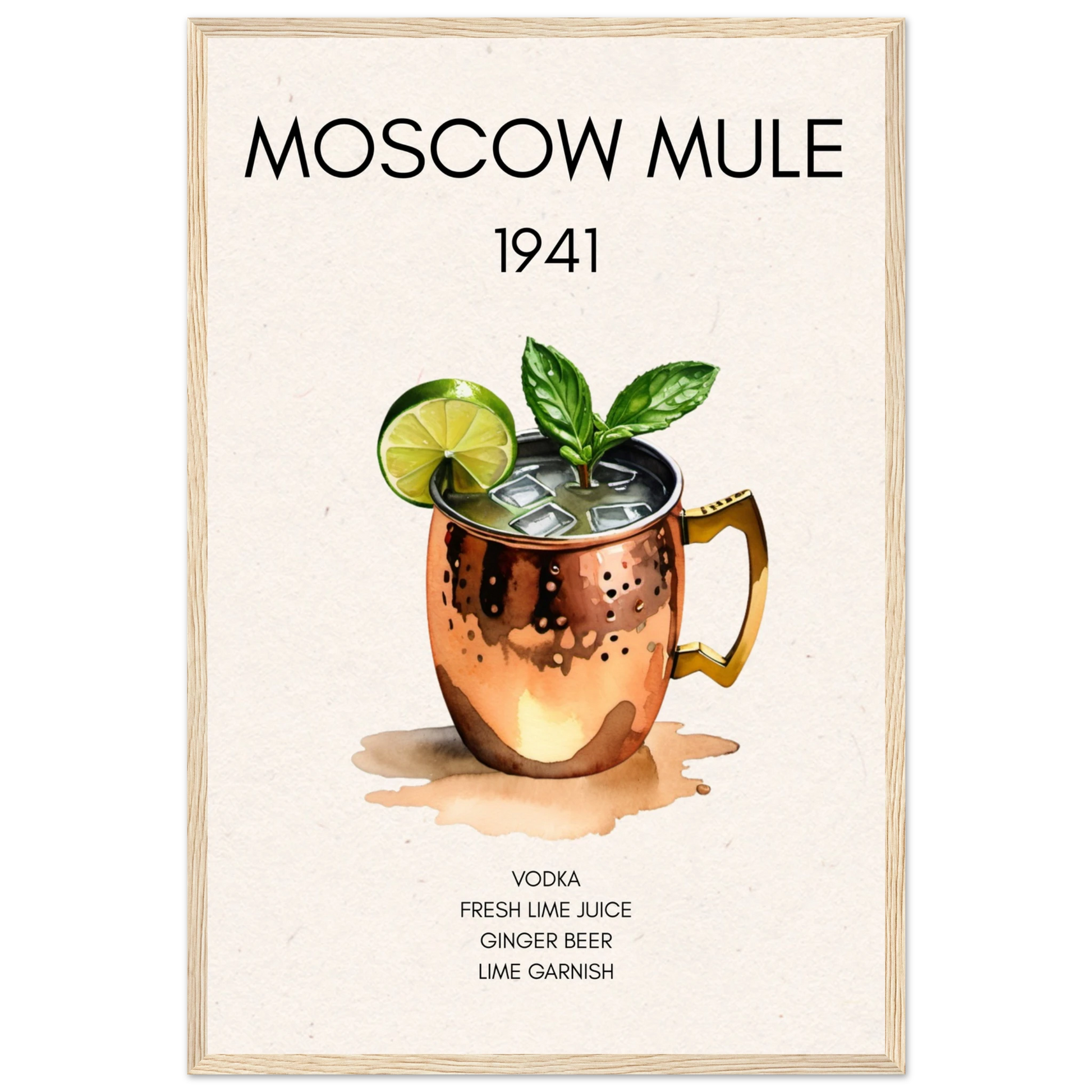Moscow Mule Cocktail Bar Poster Print Light Wood Frame 40x60 cm 16x24″ Premium Matte Paper Wooden Framed Poster