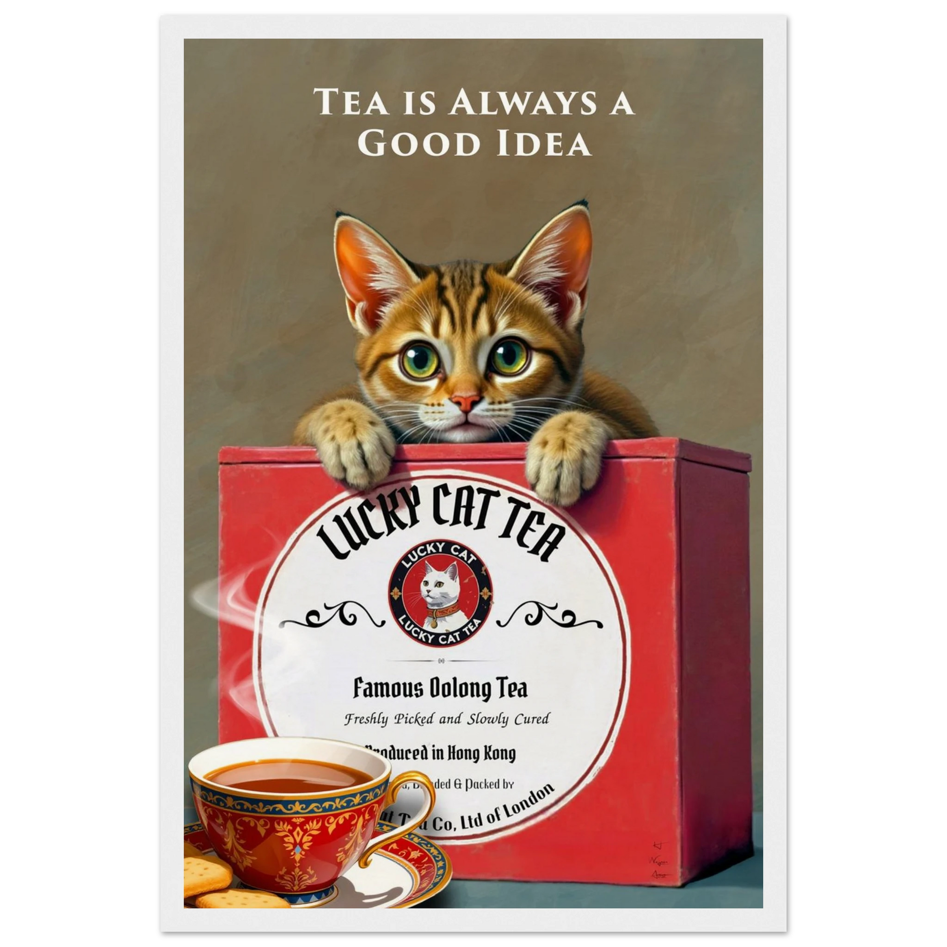 Tabby Lucky Cat Tea Vintage Kitchen Art Print White Wood Frame 30x45 cm 12x18″ Museum-Quality Matte Paper Wooden Framed Poster
