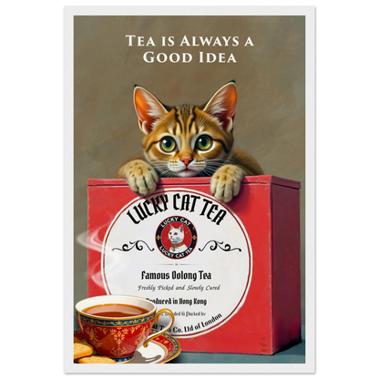 Tabby Lucky Cat Tea Vintage Kitchen Art Print White Wood Frame 30x45 cm 12x18″ Museum-Quality Matte Paper Wooden Framed Poster