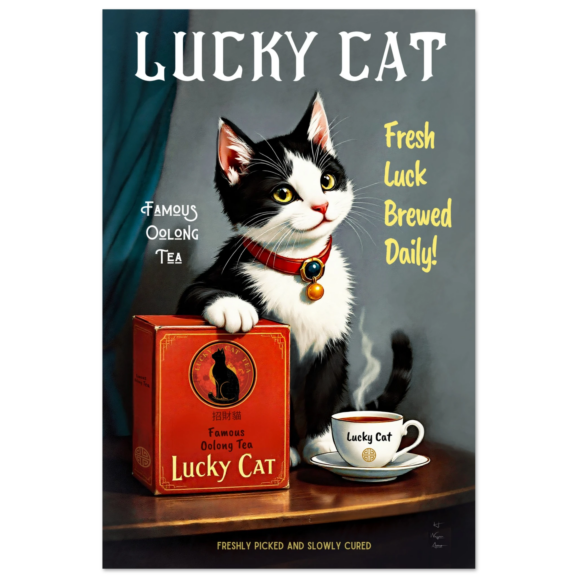 Lucky Tuxedo Cat Tea Kitchen Art Print 40x60 cm 16x24″ Museum-Quality Matte Framed Poster Light Wood Frame