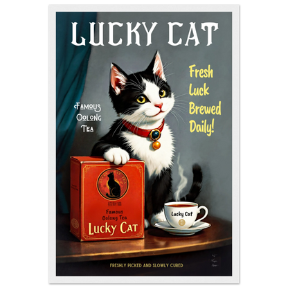 Lucky Tuxedo Cat Tea Kitchen Art Print 30x45 cm 12x18″ Premium Matte Framed Poster White Wood Frame