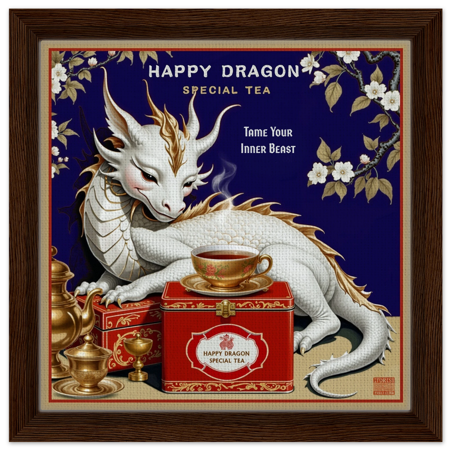 Happy Dragon Tea Art Print 30x30 cm 12x12″ Framed Canvas Dark Brown Wood Frame