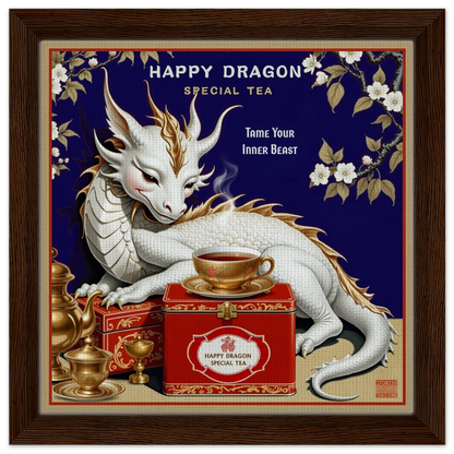 Happy Dragon Tea Art Print 30x30 cm 12x12″ Framed Canvas Dark Brown Wood Frame