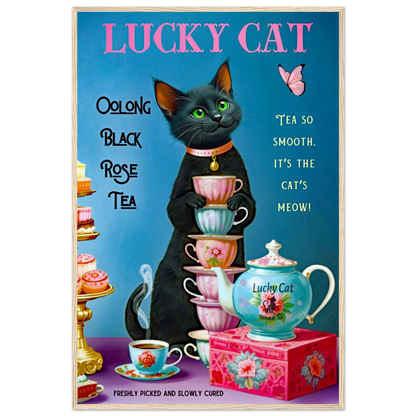 Lucky Cat Vintage Oolong Tea Art Print 60x90 cm 24x36″ Premium Matte Paper Wooden Framed Poster Light Wood Frame