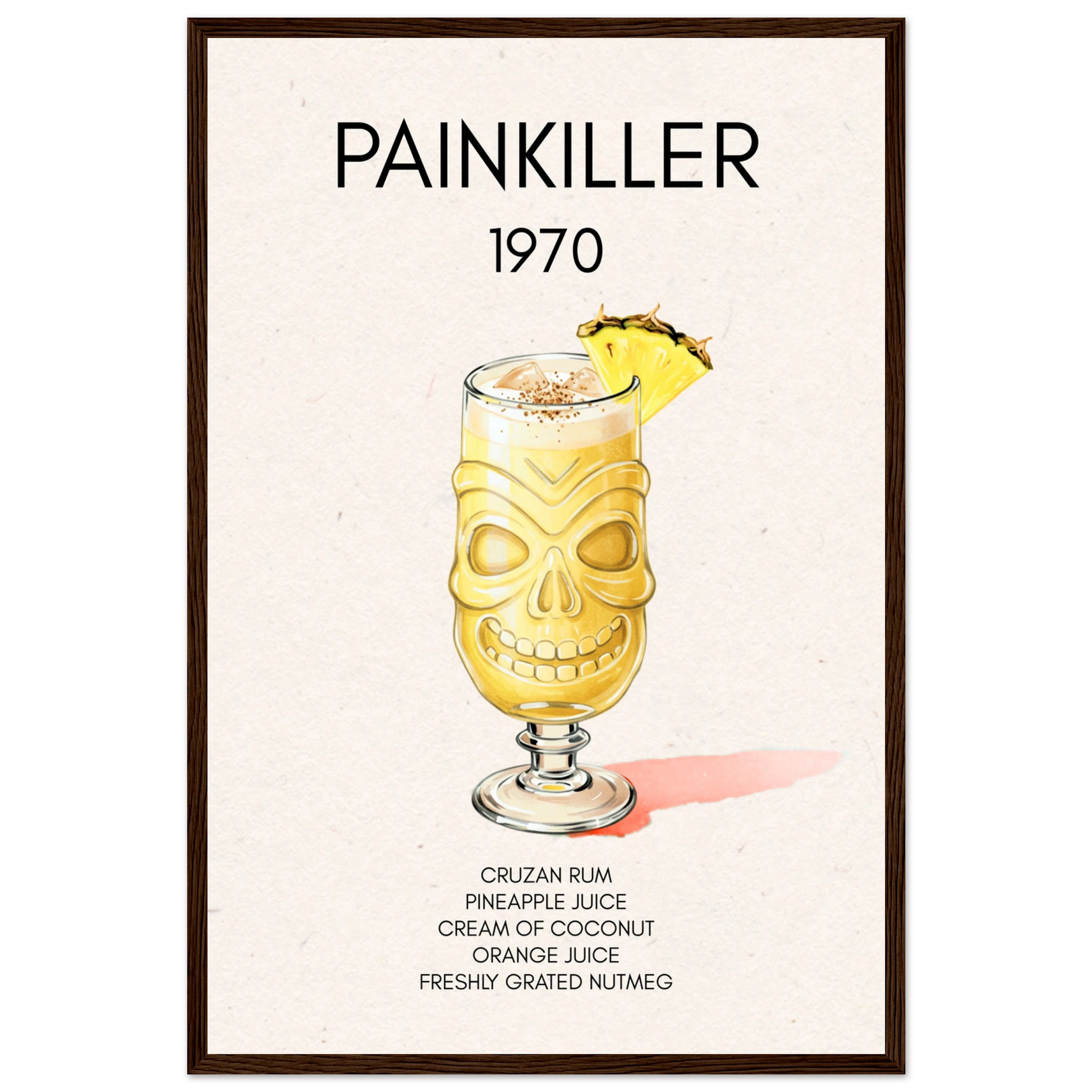 Painkiller Cocktail Bar Art Tiki Print Dark Brown Wood Frame 40x60 cm 16x24″ Premium Matte Paper Wooden Framed Poster
