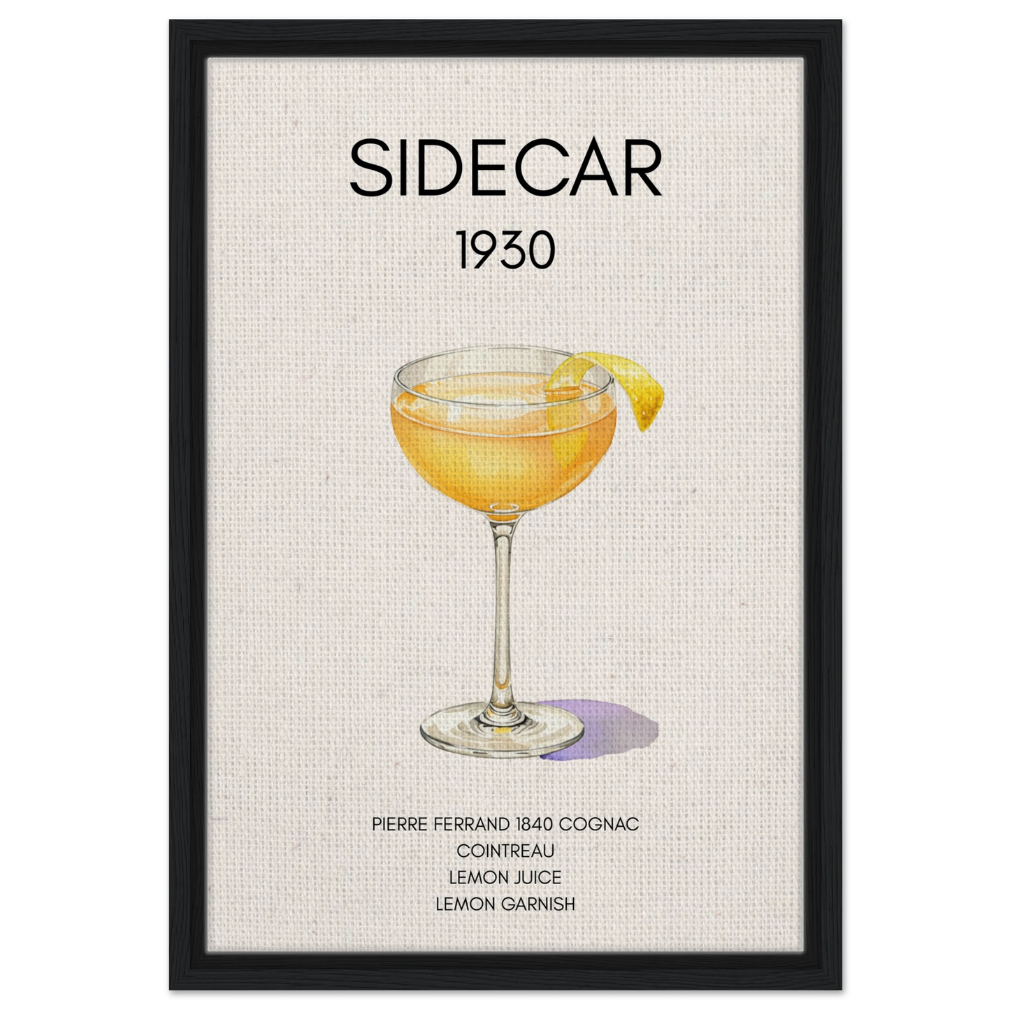 Sidecar Cocktail Bar Poster Print Black Wood Frame 40x60 cm 16x24″ Framed Canvas