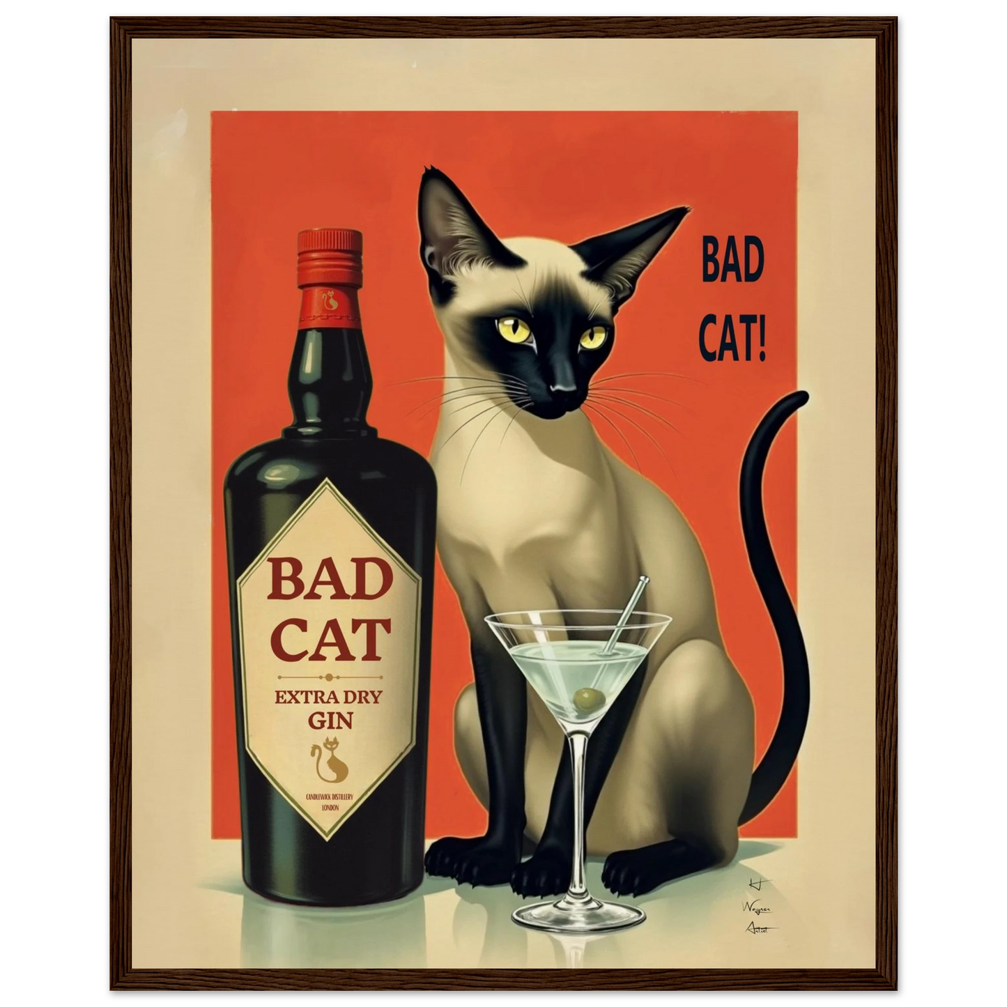 Siamese Cat Gin Martini Cocktail Art Print 40x50 cm 16x20″ Museum-Quality Matte Paper Wooden Framed Poster Dark Brown Wood Frame