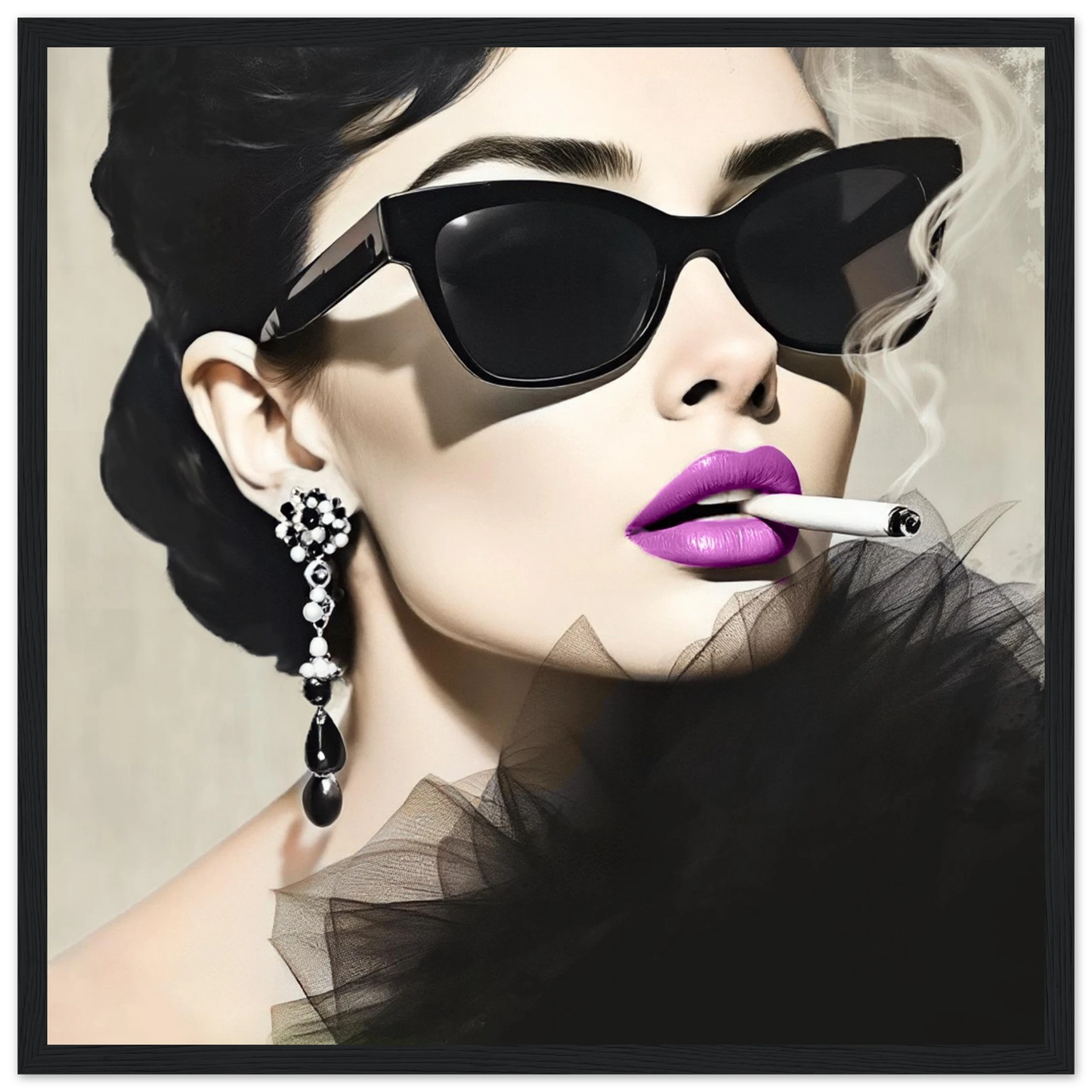 Smoking Girl Retro Fashion Model Art Print 40x40 cm 16x16″ Classic Matt Wooden Framed Poster