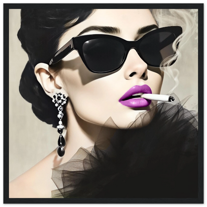 Smoking Girl Retro Fashion Model Art Print 40x40 cm 16x16″ Classic Matt Wooden Framed Poster