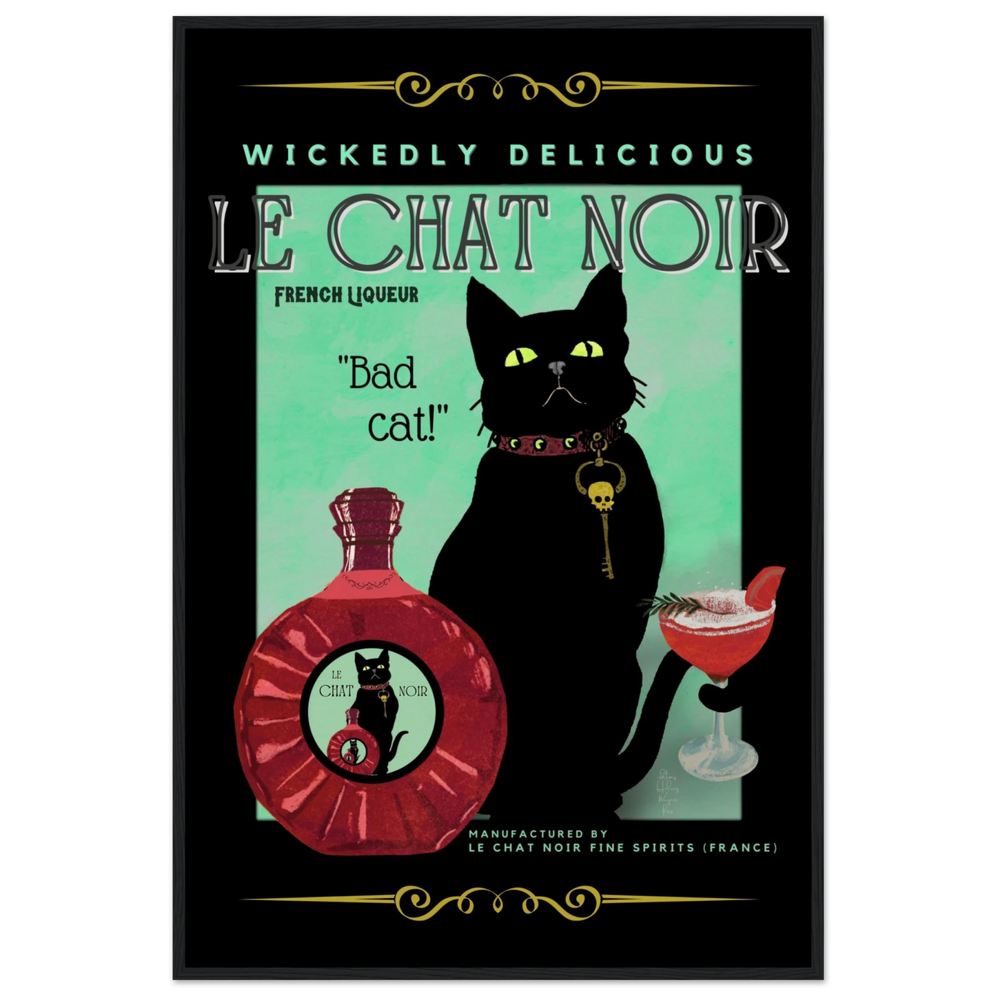 Black Cat Cocktail French Art Deco Print 60x90 cm 24x36″ Museum-Quality Matte Paper Wooden Framed Poster Black Wood frame