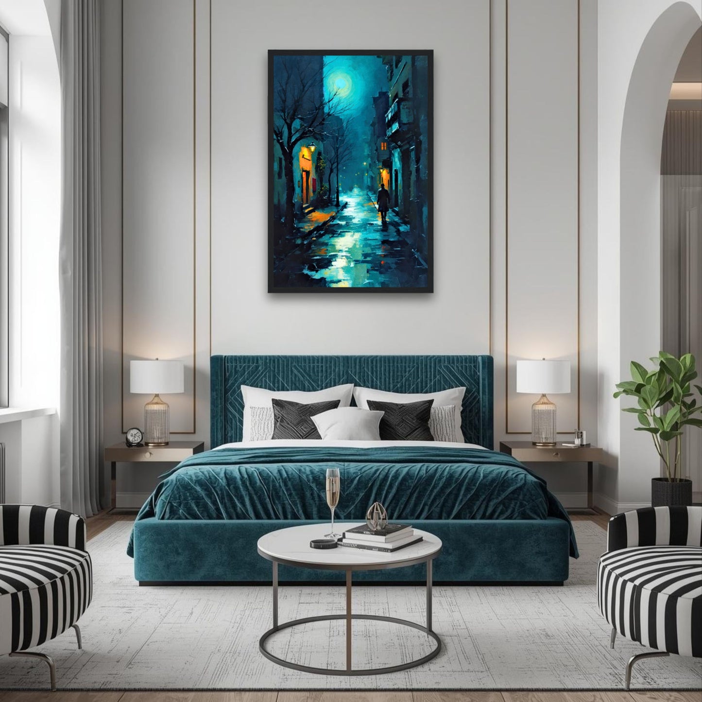 Blue Moon Night Street Scene Art Print