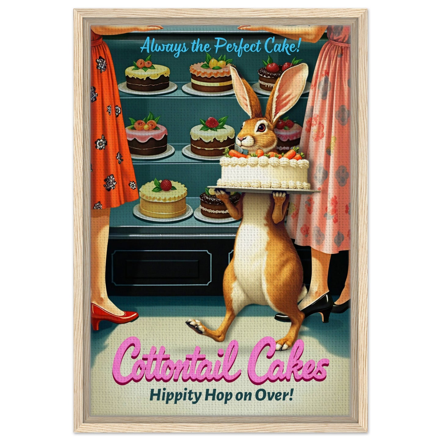 Cottontail Cakes 1950s Rabbit Art Print 40x60 cm 16x24″ Framed Canvas - Light Wood
