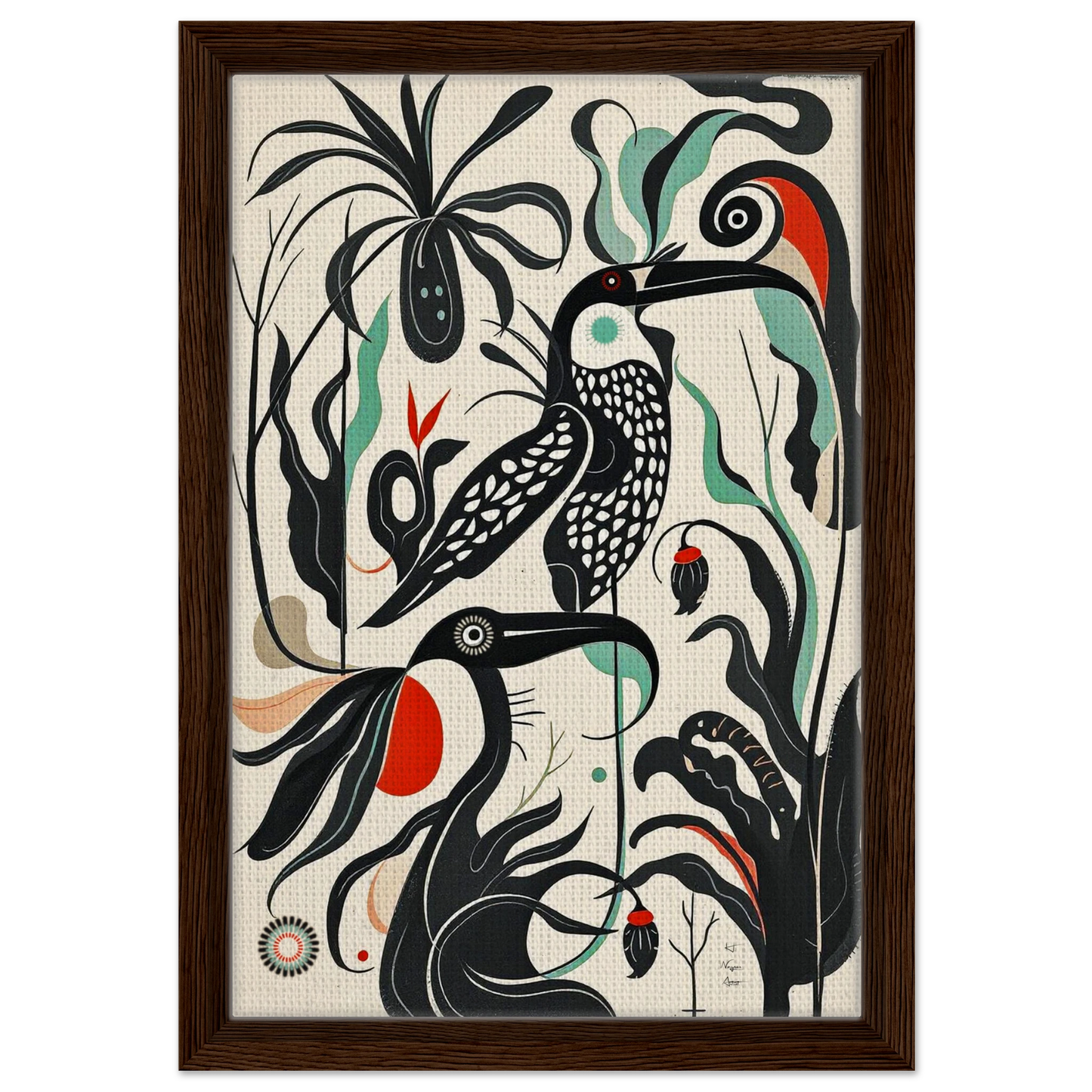 Mid-Century Modern Tropical Bird Art Print Dark Brown Wood Frame 30x45 cm 12x18″ Framed Canvas